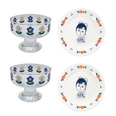 1537 清爽玻璃甜點碗2p+瓷盤大2p套組, 小花（點心球）、FLOWER AURORE（盤子）, 1套