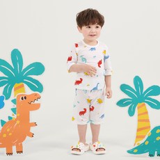 olomimi 兒童透氣繽紛恐龍有機提花七分袖家居服套裝