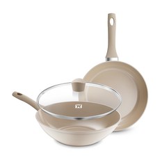 Wagensteiger 艾德爾 電磁爐適用 平底鍋三件組, 1組, 單柄平底鍋28cm+單柄平底炒鍋28cm+玻璃鍋蓋28cm, 象牙白