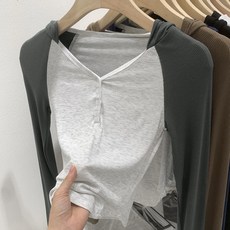 구디프 여성용 나그랑 V넥 버튼 후드 긴팔 티셔츠