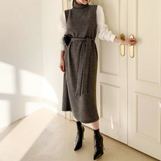 Borimam 冬季針織撞色高領孕婦裝長版洋裝 + 腰帶套組 Vb096