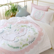 MYHOUSE 兒童用泡泡紗涼感手工刺繡夏季薄棉被 + 枕頭套組, Ann Rabbit 兔子