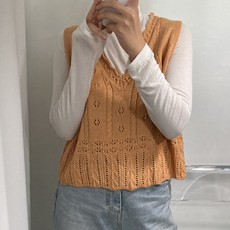 뜨개진 여성용 스카시 꽈배기 스칼럽 브이 니트 에스케 베스트