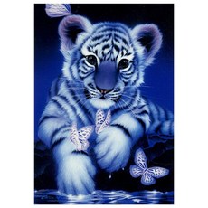 KMELLIE 帆布畫框一體成型 3D 圓形 鑽石畫 DIY 套組 50 x 40 cm, 蝴蝶與小白虎, 1套