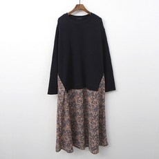 TEETAK 女款圓領花朵圖案假兩件式長袖連身長裙, 海軍