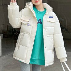 구디프 여성용 웨이스트 라인 블루택 숏 후드 패딩