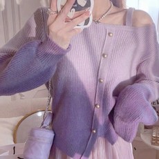 Chichills 女款紫色漸層露肩針織T恤 01379 T