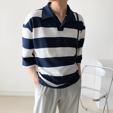 DANGOON 男士防皺寬鬆版型條紋七分袖翻領T恤