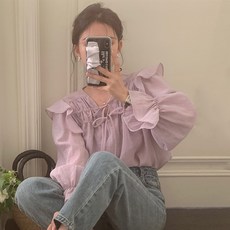 PEONIST 蝴蝶結綁帶荷葉袖襯衫