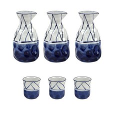 O椅A地板藍格子瓷酒瓶+酒杯套組, 3套, 瓶子 3p + 玻璃 3p