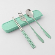 攜帶式湯匙+筷子+叉子+收納盒+收納袋, 5種, 綠色