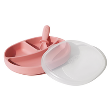 Edison 愛迪生 矽膠吸附式附蓋餐盤+湯匙組, 粉色, 矽膠餐盤+蓋子+湯匙