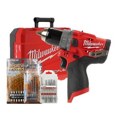Milwaukee 美沃奇 12V FUEL無線電鑽電鑽機本體M12 FPD-0C+收納盒+混凝土+金屬+螺絲起子頭鑽頭組, 1套