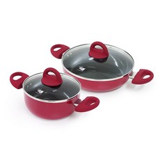 ELO IH感應爐適用陶瓷不沾雙耳鍋具2件組, 紅色, 湯鍋 20cm+砂鍋 24cm