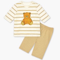unifriend 童款條紋泰迪熊竹節棉7分袖上衣長褲組