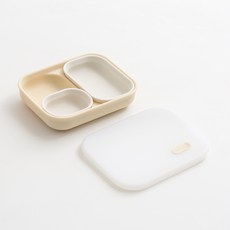 TACKAON 123 矽膠吸附2格餐盤 + 2格蓋子 + 配料碗 + 長碗組, 1套, 黃色(餐盤), 象牙白(碗)