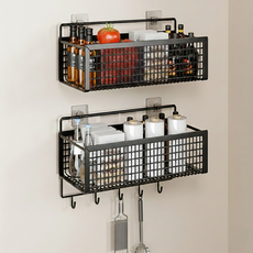 ROI Life 免打孔壁掛式雙格掛架掛鉤防鏽籃, 黑色, 2個