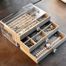 Jinicoc 飾品整理盒 絨布3層收納盒, 1個, 2 灰色