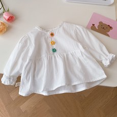 JOYMULTI 兒童彩色花朵鈕扣蕾絲泡泡袖上衣