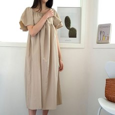 Borimam 方領鬆緊帶露肩大尺碼長版孕婦洋裝 Hs968