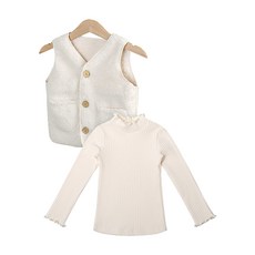 URAVI 女孩童捲邊小高領上衣+毛絨背心