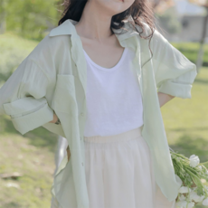 PEONIST 女款透視翻領寬鬆涼感長袖襯衫