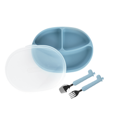 Edison 愛迪生 矽膠餐盤+長頸鹿造型矽膠湯匙+叉子, 藍色, 餐盤+蓋子+湯匙+叉子