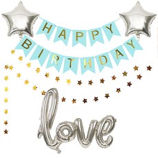 OLIVEPARTY 生日派對用品掛旗組合包 居家派對套組, 藍色掛旗 銀色love, 1套