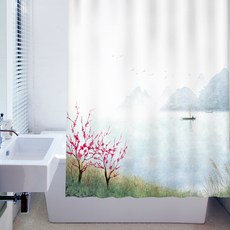 창문그리기 디자인 패브릭 샤워커튼 매화풍경 150 x 200 cm, 1개