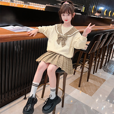 Orange Damom 女童水手領格紋菱格紋大學T裙子套裝