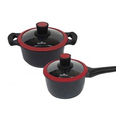 QUEEN SENSE 電磁爐適用Fraum系列陶瓷塗層鍋具 2入組, 黑色, 單柄湯鍋18cm(附玻璃鍋蓋)+雙耳湯鍋22cm(附玻璃鍋蓋)