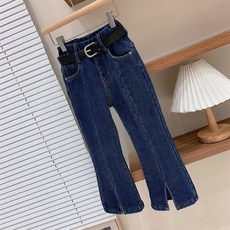 Yubeulli 女童藍色丹寧鬆緊帶開衩牛仔褲