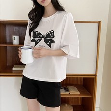 여성용 통기성 보린 리본 일러스트 5부소매 면 티셔츠
