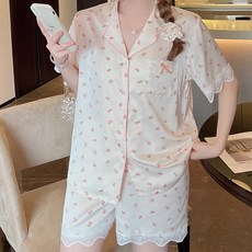 Eoripeul 女士柔軟蕾絲領短袖睡衣上下套裝