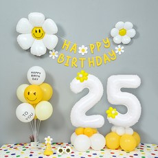 파티랑 데이지 두자리 숫자 풍선 25 + 가랜드 + 생일 풍선 장식 세트, 화이트 숫자대25, 1세트