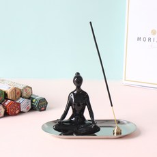 MORIANN 陶瓷瑜珈女 + 托盤 + 金屬燭台套組, 黑色(瑜珈女), 金屬灰(托盤)