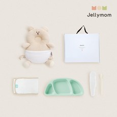 jellymom 新生兒禮盒 護頭防摔背帶枕+矽膠托盤+輔食湯匙+包巾組, 小熊燕麥片(後衛)、薄荷(盤)、奶油米色(湯匙), 1組
