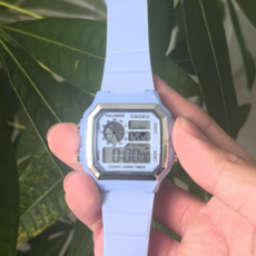 矽膠方形電子運動手錶, 藍銀色, 1個