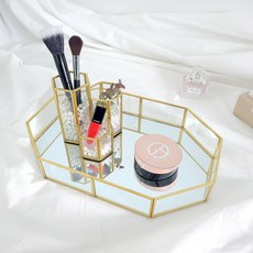 Ju and Ji 金色邊框八角鏡面托盤 M + 三格化妝刷具筒 + 白色珍珠套組, 1套