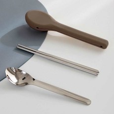 不鏽鋼湯匙筷子 + 矽膠餐具盒組, 1套, 湯匙 + 筷子 + 餐具盒, 棕色
