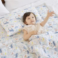 ahtty blanc 兒童夏日涼感寢具組，多種圖案可選, Blue Dino 藍色恐龍, 枕頭40*60cm+薄被110*150cm+睡墊100*150cm