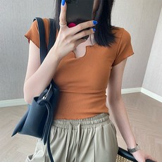 Goodif 女款透氣深V領顯瘦短袖短版T恤
