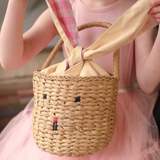 LuckyBambine 兒童兔子毛球拉菲草手提袋