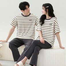 2'nd Pink 情侶款 Confidence 條紋短袖 + 長褲睡衣上下套裝