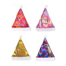 圓形鐳射聖誕老人聖誕派對帽4件組, 黃色, 紫色, 粉紅色, 紅色, 1套