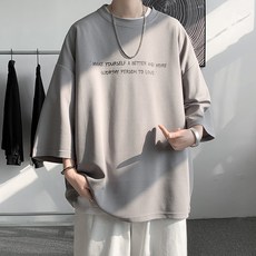ELSSO 男女通用字母印花寬鬆版型圓領七分袖T恤, 灰色