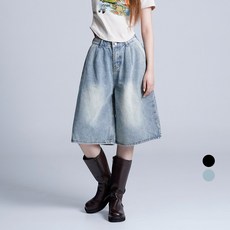 Cotton Closet 女款百慕達寬版五分側扣褶飾水洗丹寧牛仔短褲