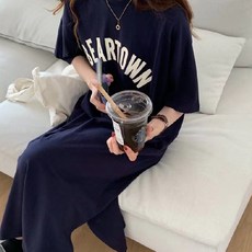 MarketA 女性 Bear Town 字母印花 寬鬆長版連身T恤 含大尺碼, 海軍藍