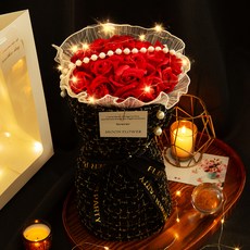 아르띠콜로 조화 LED 21송이 장미 진주 꽃다발 + 토퍼 세트 + 쇼핑백, 레드(꽃다발), 투명(쇼핑백), 1세트