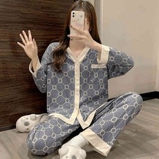 자나바 여성용 디뮤어 배색 도트골지 긴팔 잠옷 세트 264241